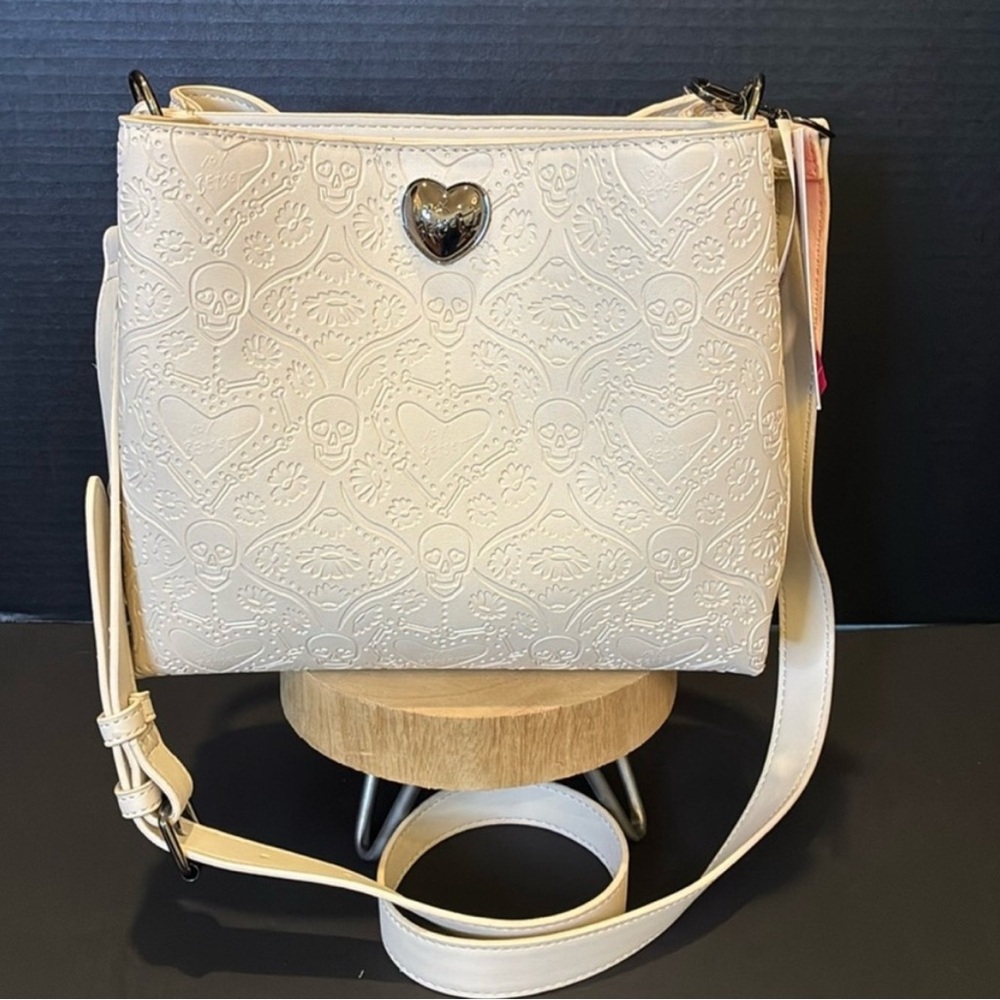 Betsey Johnson Cream Embossed Heart & Skull Crossbody Bag